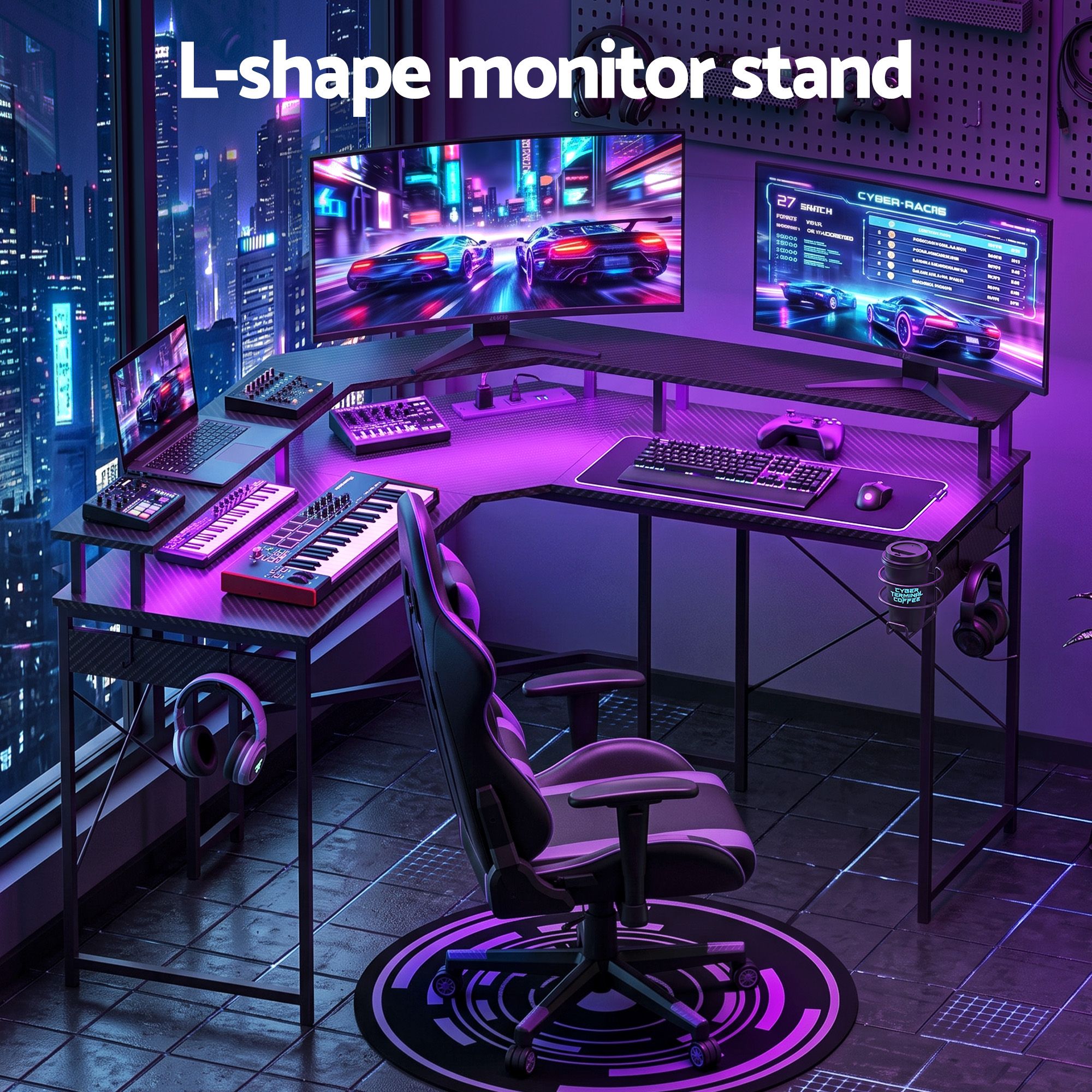 Artiss L-Shape Gaming Desk Computer Desks RGB LED Power Outlet 130cm Black โ image 4