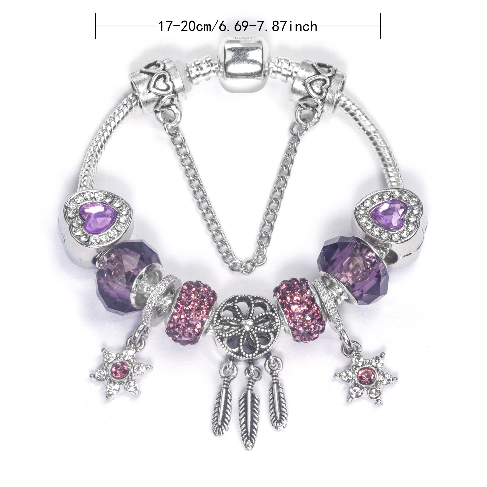 Purple Crystal Beaded Charm Bracelet with Star & Dreamcatcher Pendant, Rhinestone-Embedded DIY Alloy Bracelet(18cm) โ image 2