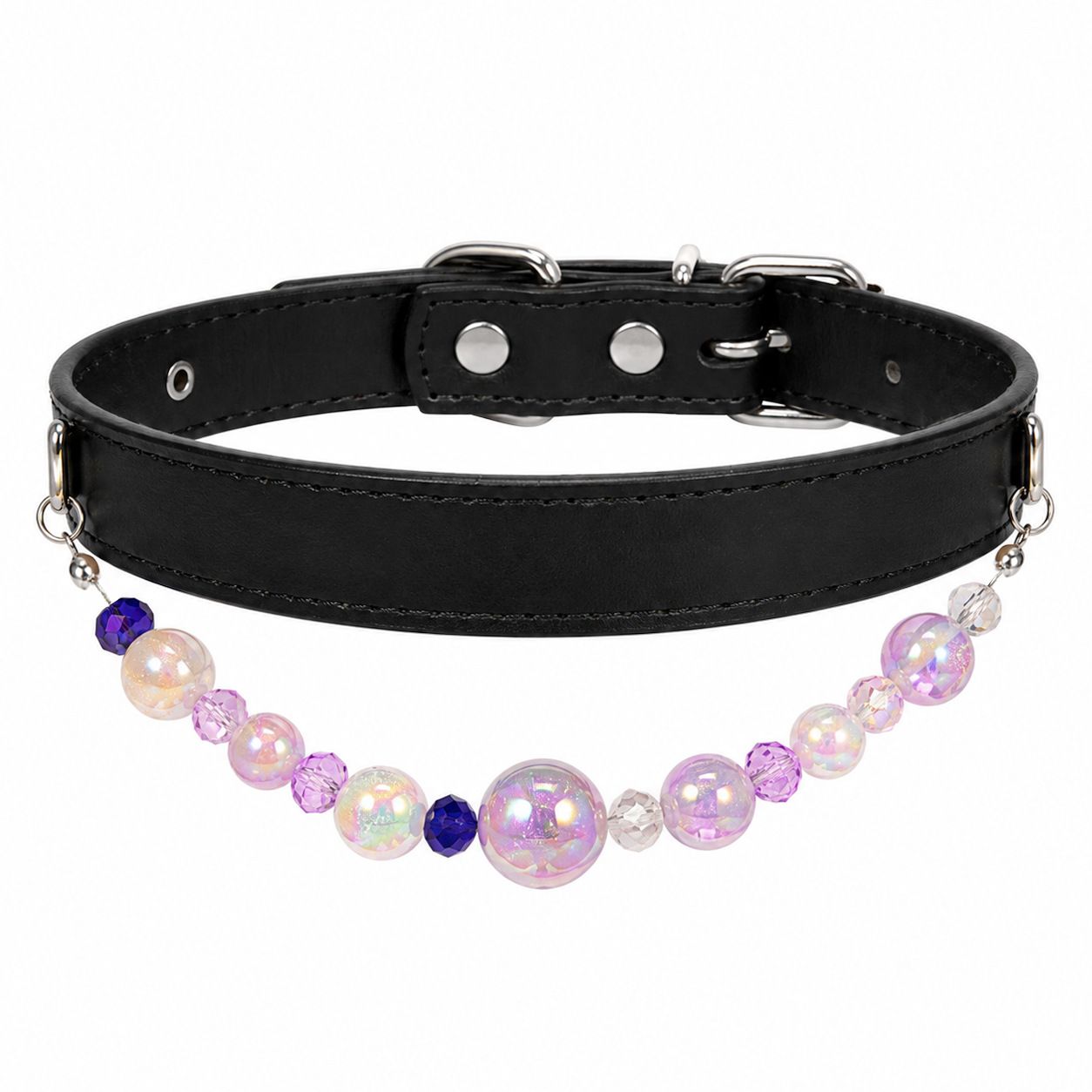 Detachable Beaded Dog Collar - Black Microfiber PU Leather, Zinc Alloy Hardware, Adjustable L Size 28-36cm Neck, 2cm Wide Decorative Pet Collar for Dog