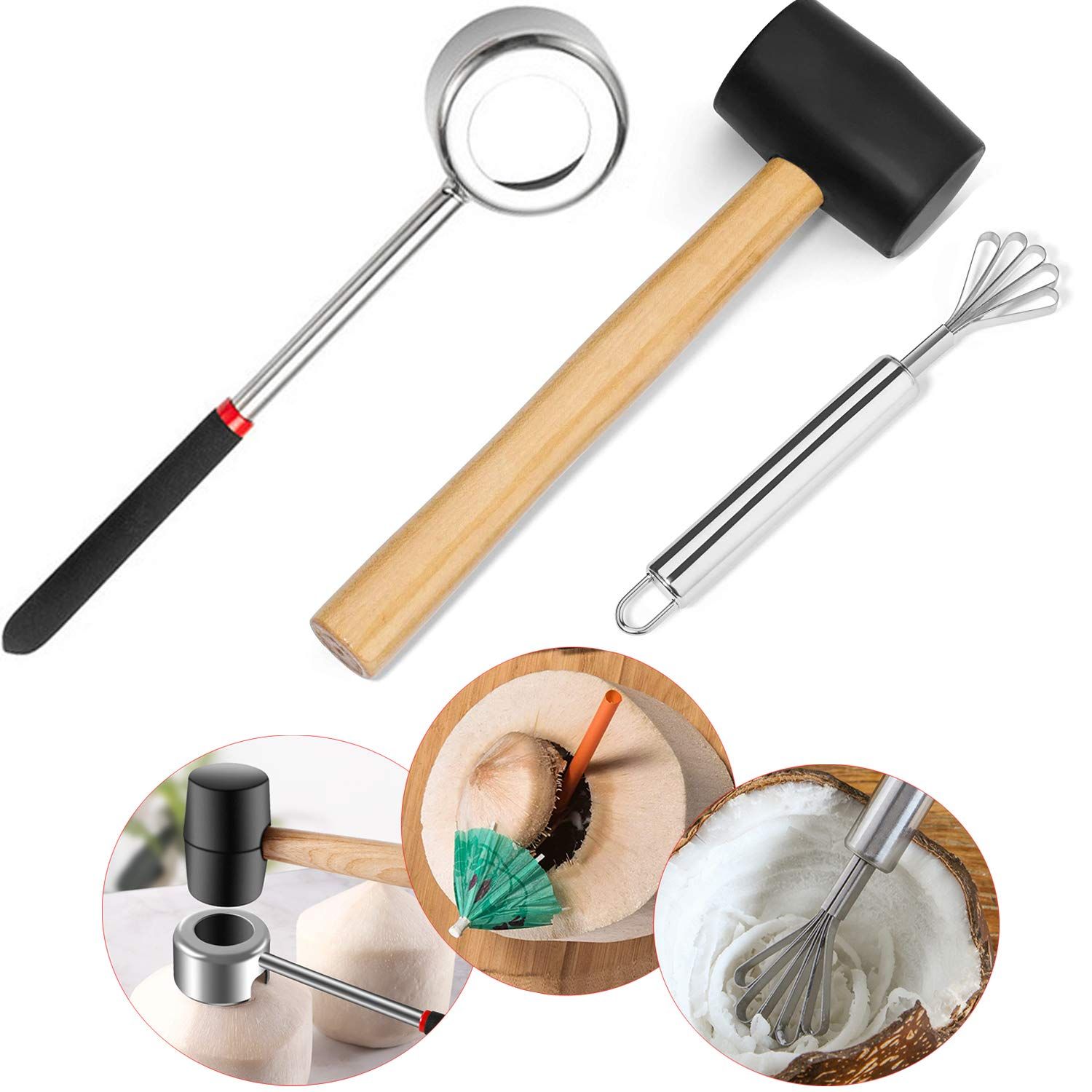 Coconut Opener Set for Young & Mature Coconuts by |Coconut Tools for Meat Removal with Hammer & Stainless Steel Knife