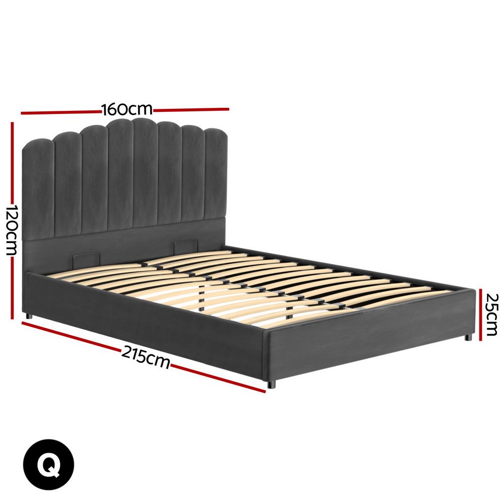 Artiss Bed Frame Queen Size Velvet Grey FION — image 2