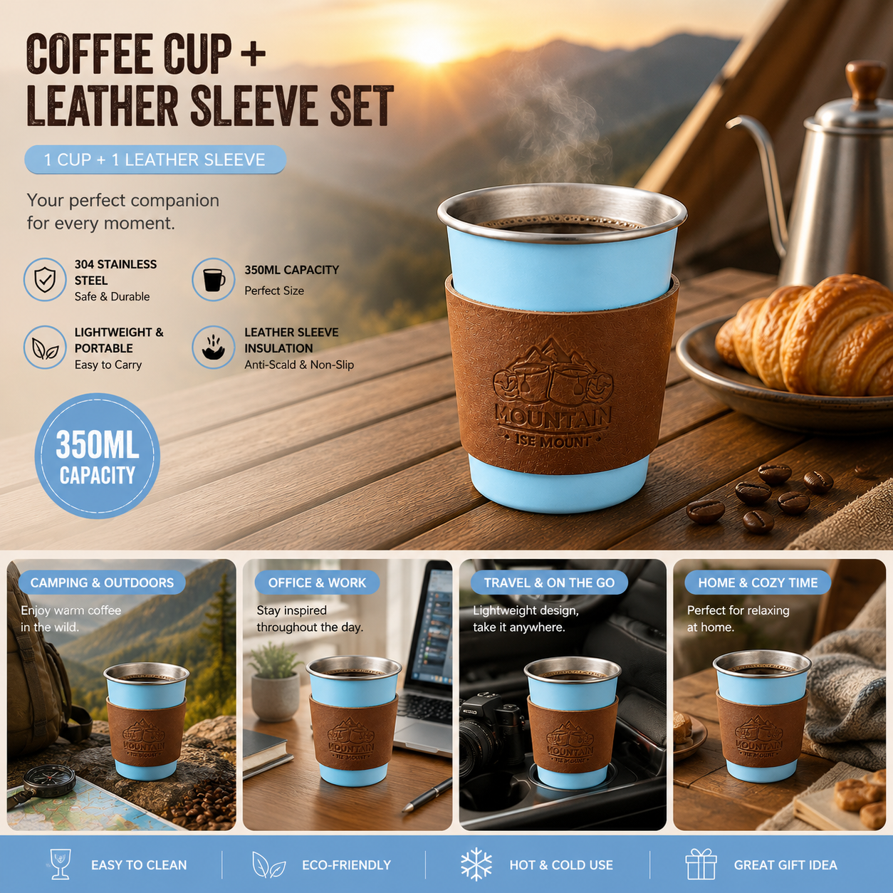 Blue 304 Stainless Steel Camping Coffee Cup with Leather Sleeve – 350ml Portable Outdoor Drinking Cup, Beer Cup, Travel Mug for Camping, Hiking, Picnic and — image 2