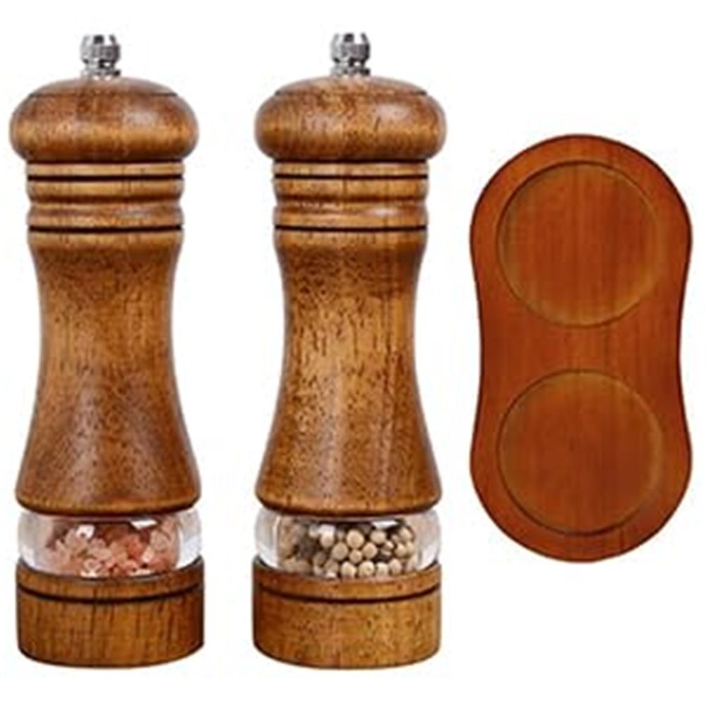 Salt and Pepper Grinder Set, 2Pcs Oak Pepper Grinder with Stand 6 Inches Adjustable Ceramic Grinder Wooden Pepper Mill Salt Grinder Kit Manual Mills(vintage — image 2