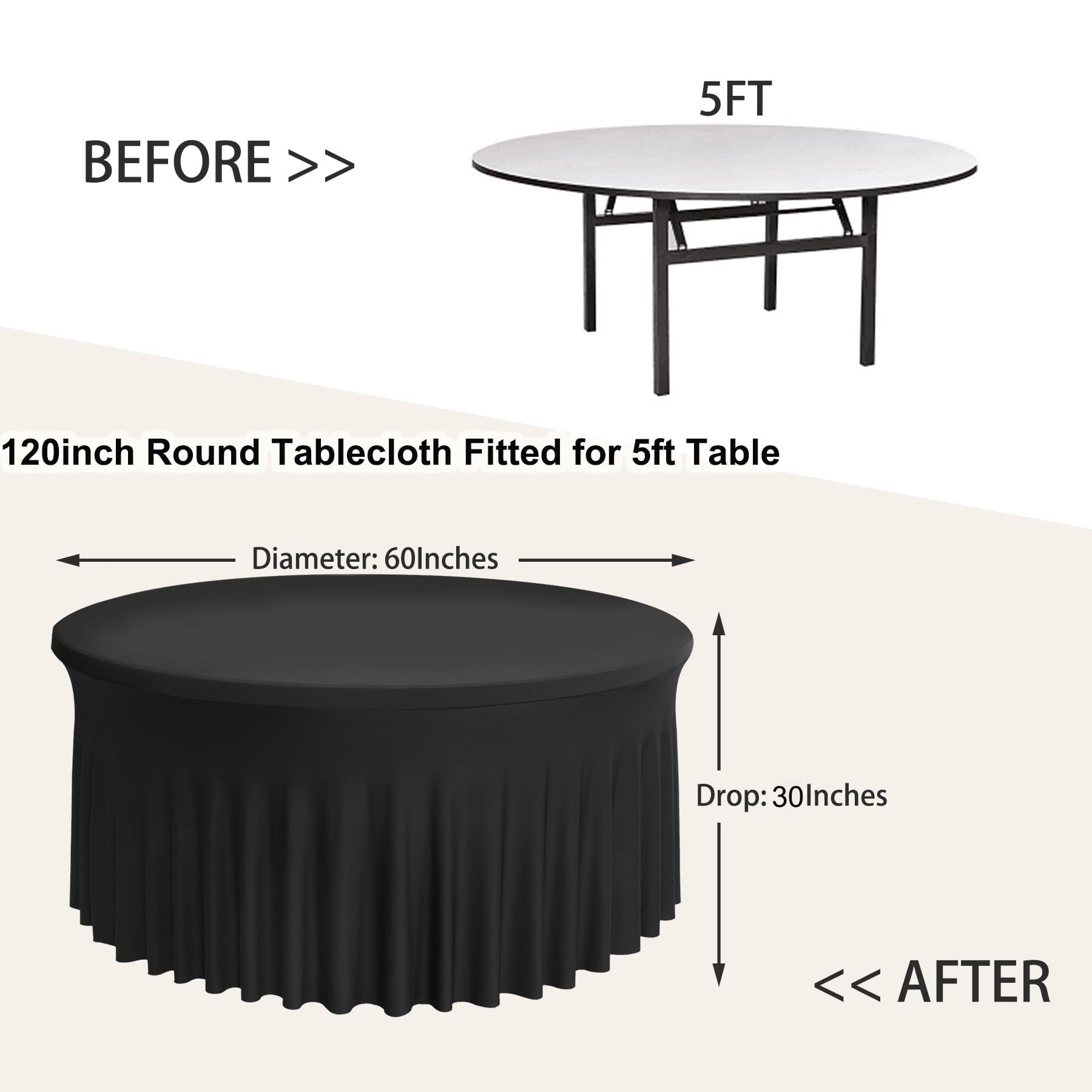 Black Spandex Round Tablecloths 120 inch Fitted for 60 inch Table, Stretchy 5ft Round Tablecloths, Wrinkle Free Round Table Cover โ image 5