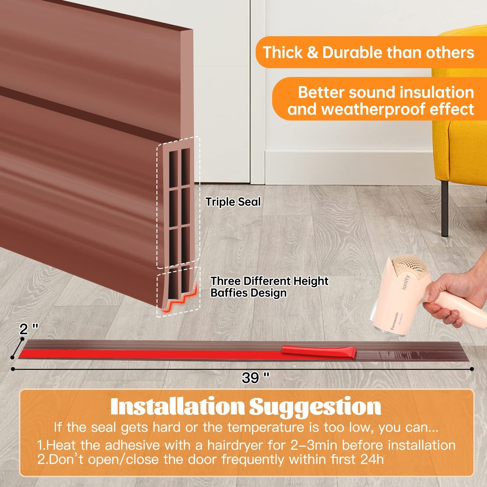 Door Draft Stopper, 37 Inch Under Door Sweep Bottom Blocker with Rubber Seal Strip, Under Door Seal for Exterior/Interior, Soundproof Weather Stripping Door — image 3