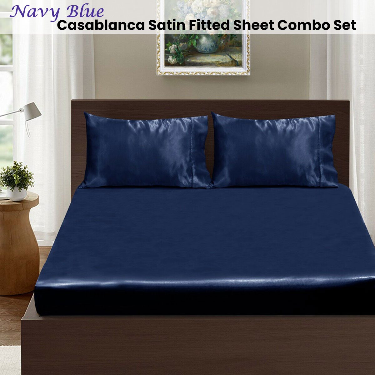 Ramesses Casablanca Satin Fitted Sheet Combo Set Navy Blue King โ image 2