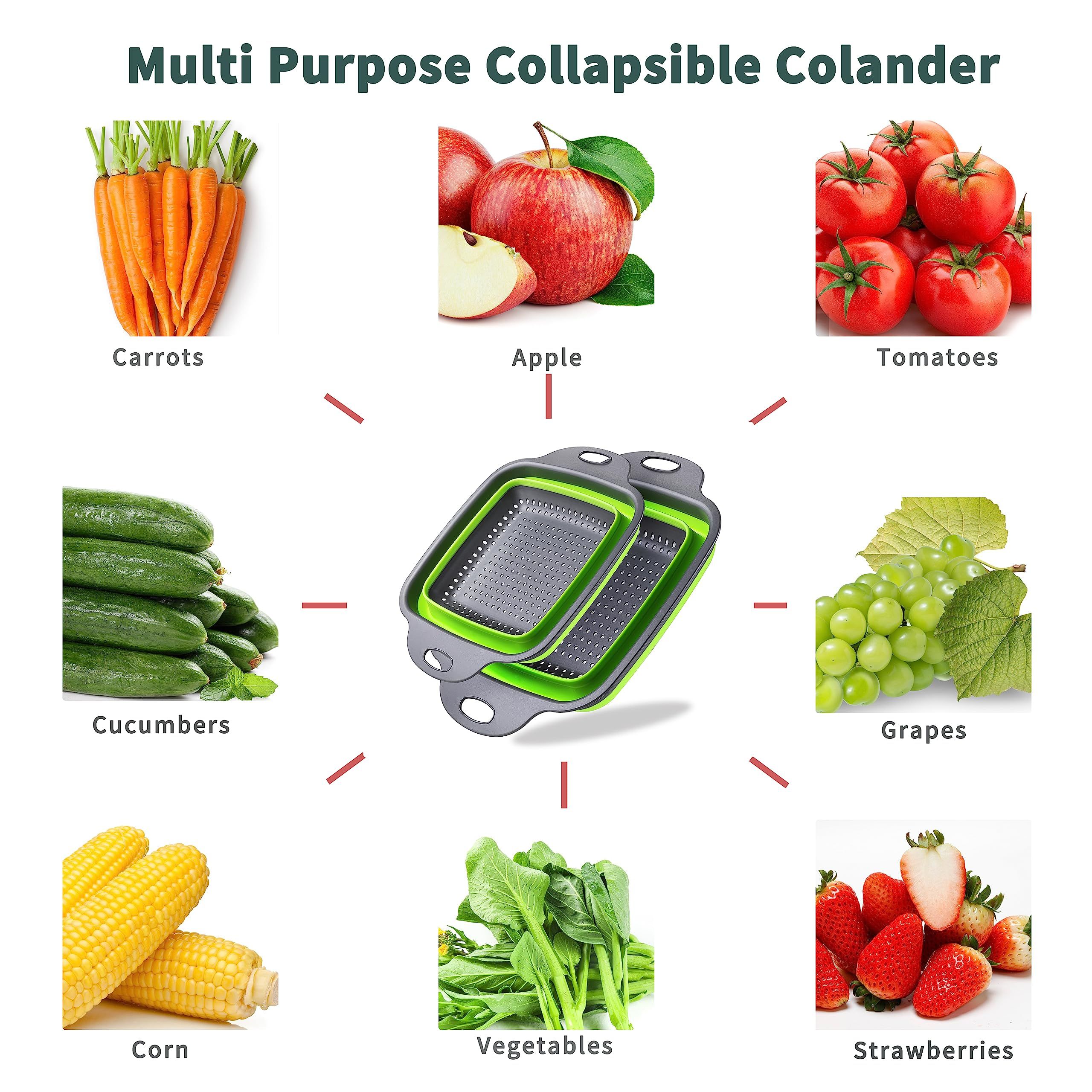 2PCS Collapsible Strainer, Silicone Collapsible, 11.5 inch Square Silicone and 9.5inch Square Silicone (Green) โ image 4