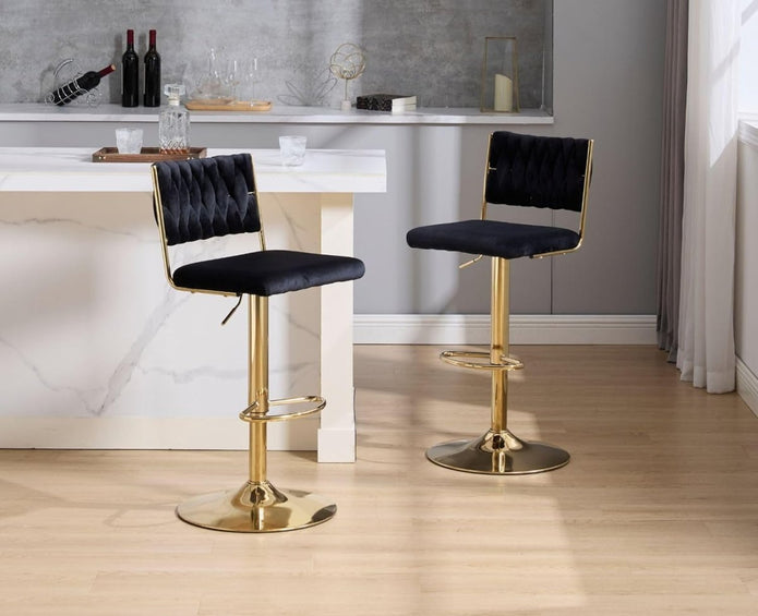 SERENITà 2x Velvet Bar Stools with Braided Back Elegant Kitchen High Chairs, Kitchen Island Stools Adjustable Height Swivel Bar Chairs with Gold Legs for