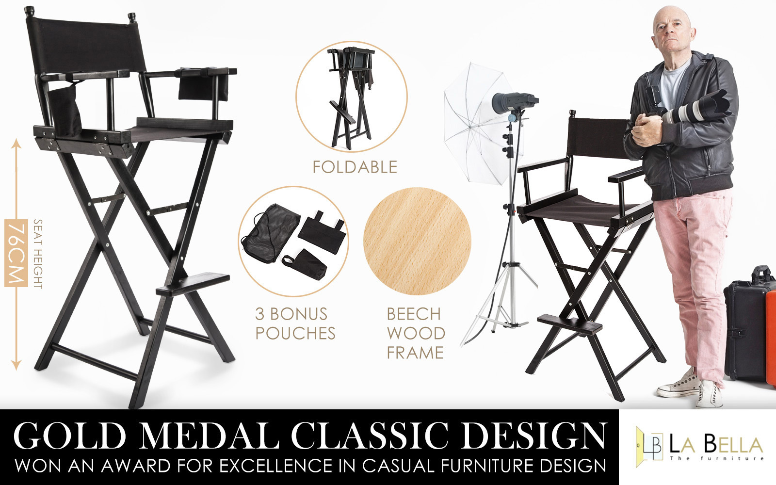 2X Director Movie Folding Tall Chair 76cm DARK HUMOR — image 2