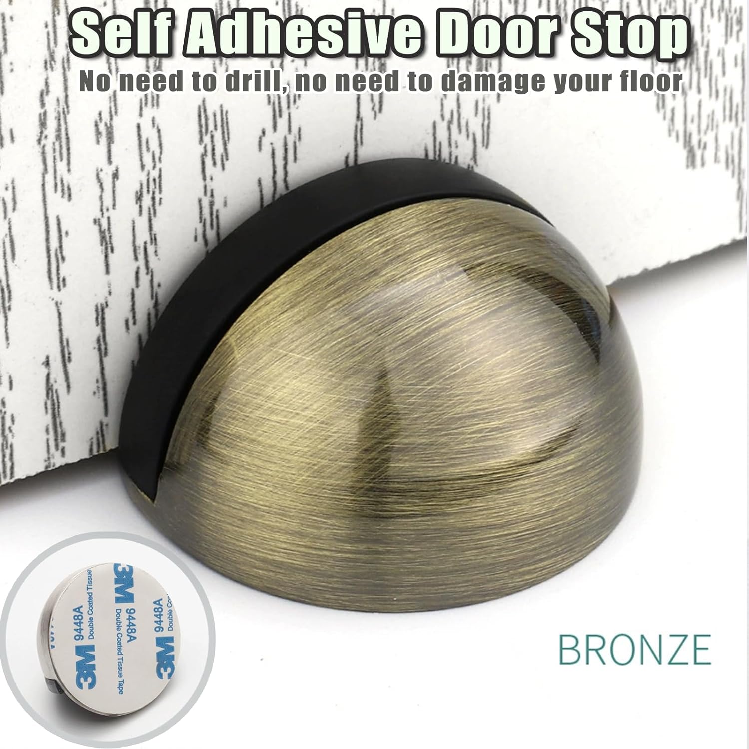 Drill-Free Floor Mounted Door Stoppers 3M Adhesive Self Adhesive Door Stoppers with Black Rubber Bumper Tips Floor Mount Half Dome Door Stopper for Office โ image 3