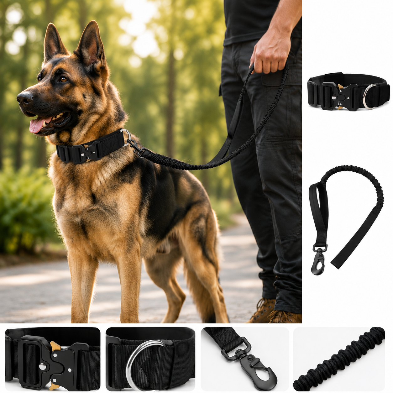 Black Tactical Dog Collar and Bungee Lead Set (L size) - Padded Quick Release Collar with Control Handle and Shock Absorbing Leash for Medium and Large Dogs — image 2