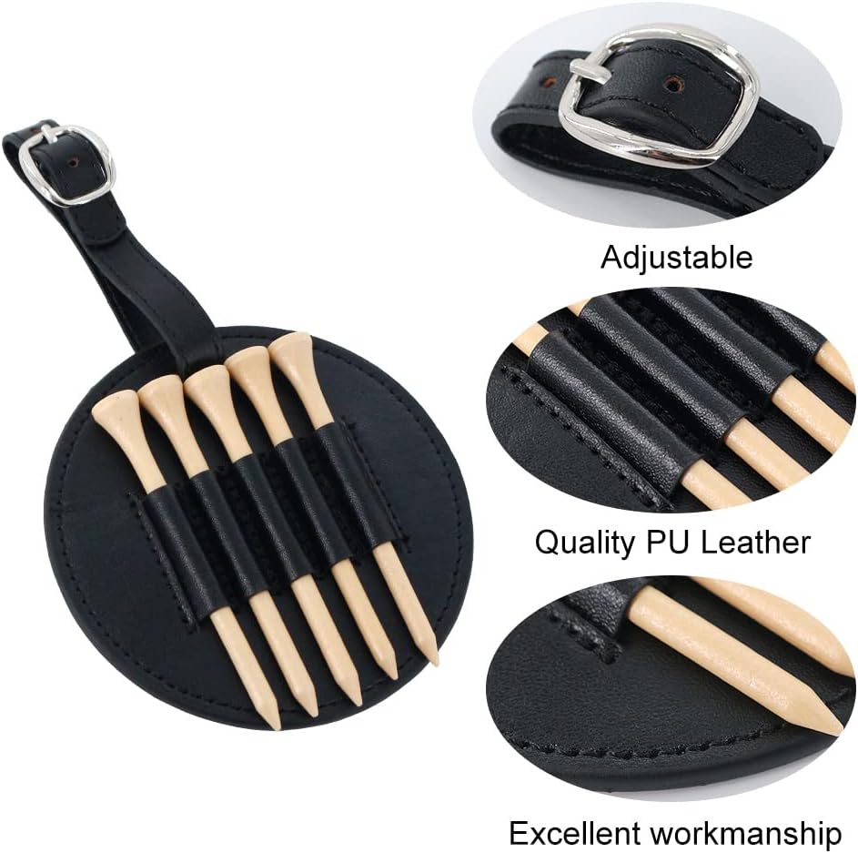 Leather Golf Tee Holder with 5 Wooden Tees 3-1/4 Inch Hook for Golf Bag Strap Hanging — image 2