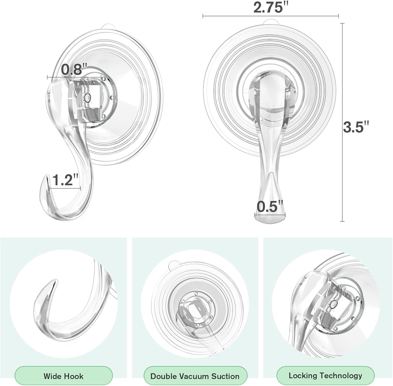 Large Suction Cup Hooks with Wipes, Heavy Duty, Removable and Reusable, Clear, 5 Pcs โ image 5