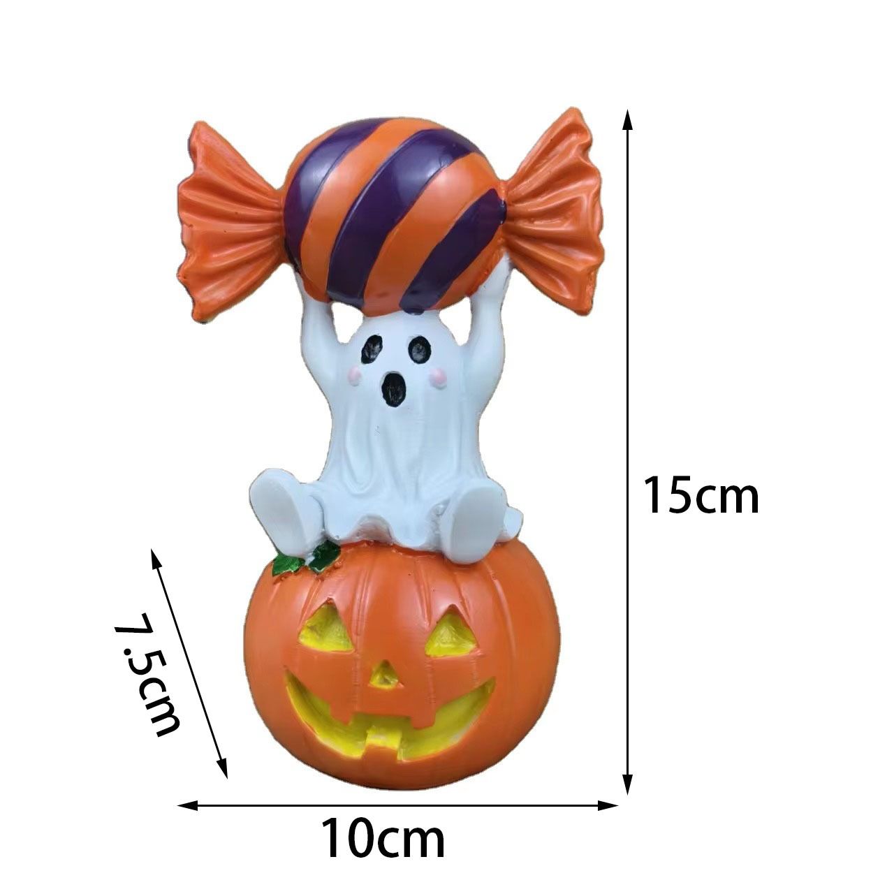 Halloween Resin Ghost Pumpkin Figurine: Little Ghost Sitting on Pumpkin with Candy on Head, Glossy Finish, Perfect Desktop and Party Decoration