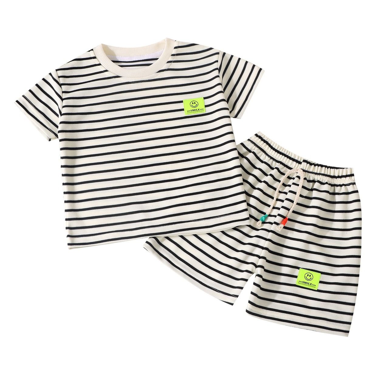 Kunxi Beibei Boys Girls Summer Striped T-Shirt... Han Fan White Stripe Suit 110cm — image 2