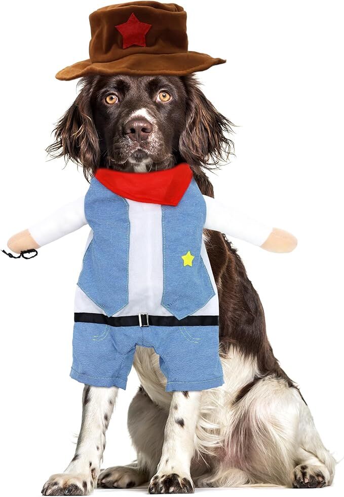 pet products Small Dog Cowboy Costume with Hat 2pcs Funny Halloween Chucky Costumes Cool West Cowboy Uniform Puppy Denim Overalls Western Cosplay โ image 3