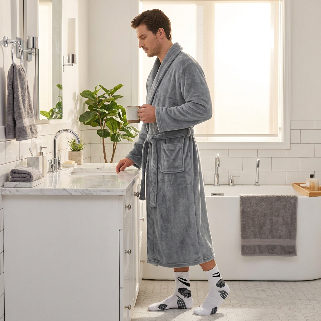 Grey Men's Winter Lounge Bundle Set - Flannel Shawl Collar Robe(L Size) with 2x White Thick Mid Calf Demon Pattern Socks, Warm Plush Homewear Set, Soft Cozy — image 5