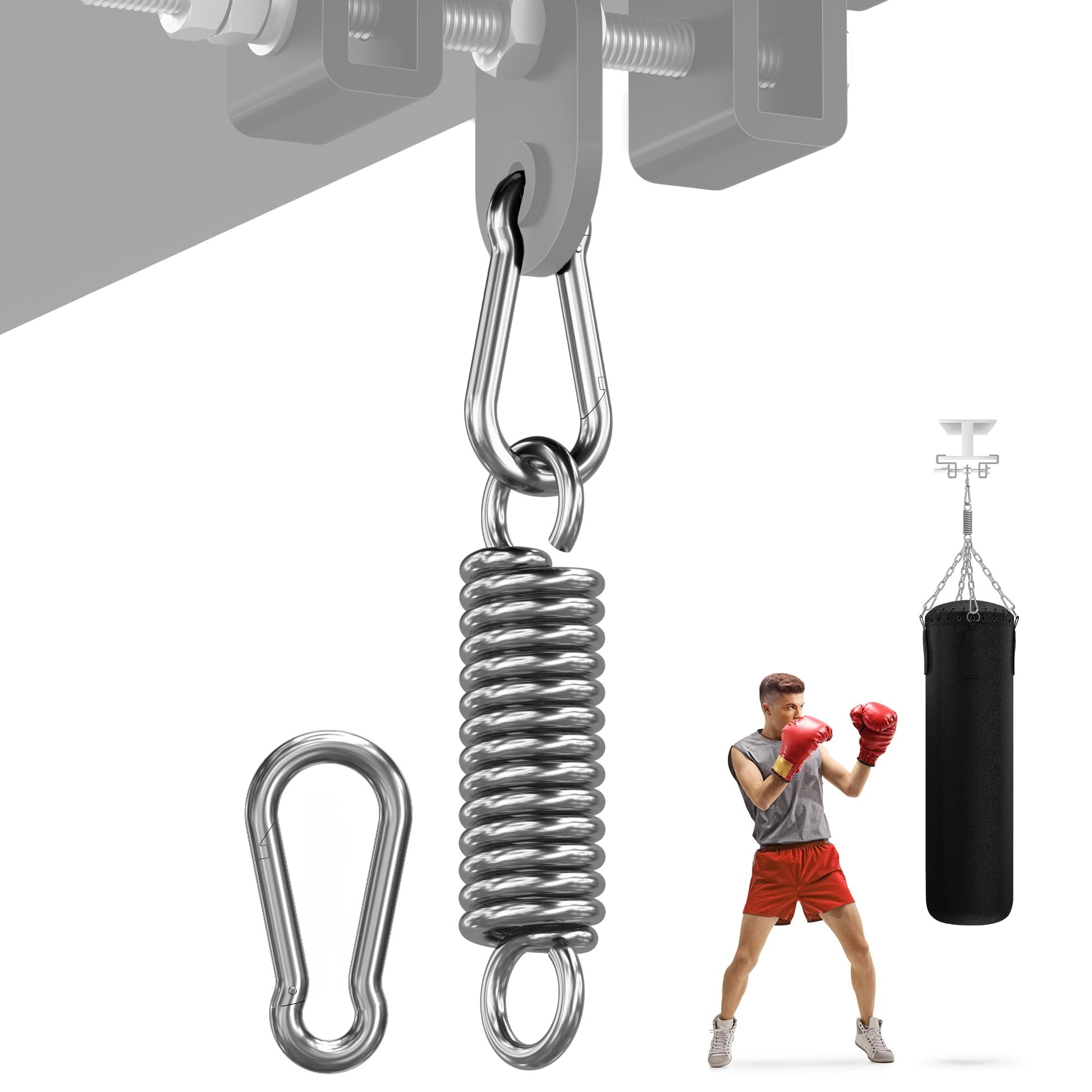 Punching Bag Hanger, Heavy Bag Spring Capacity, Stainless Steel Hanging Kit with Spring Hook & Carabiner, Indoor & Outdoor Mounting for Boxing Bags &