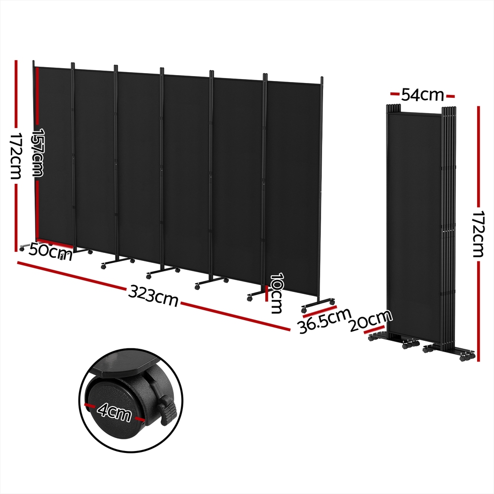 Artiss 6 Panel Room Divider Screen 323cm Wheel Fabric Black โ image 2