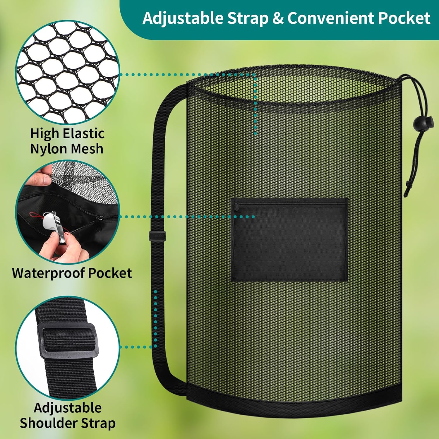 Football bag - Extra large - 40" x 30" - Drawstring - Mesh - Ball bag - With pockets - Mesh sports bag - Basketball, volleyball, fitness equipment, swimwear — image 4