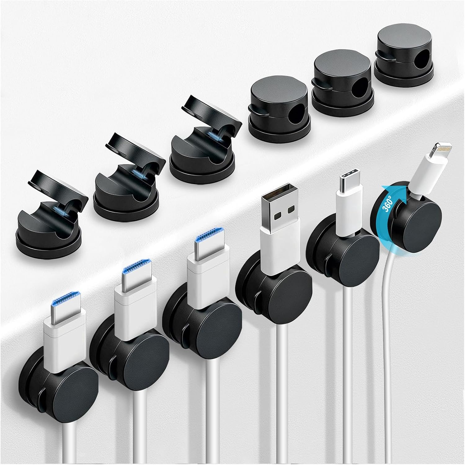 12 Pack 360° Rotatable Spring Cable Clips[1s Lock], Adhesive Cord Holder for Nightstand, Phone Charger Cord Holder for Desk Home Office Car Game Station