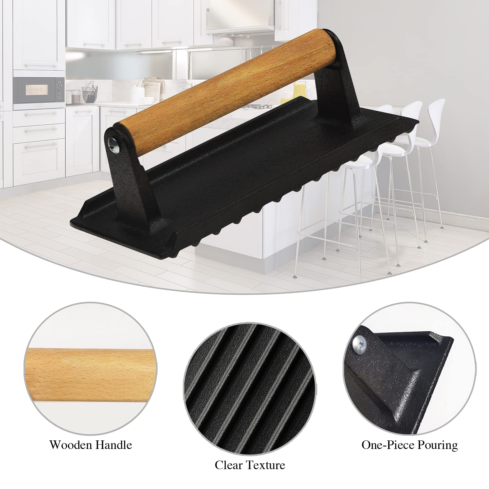 Heavy Duty Rectangular Cast Iron Grill Burger Press Pre-Seasoned Steak Griddle BBQ Grilling โ image 3