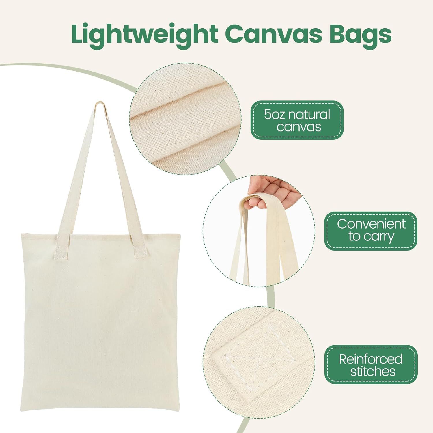 12 Pack Canvas Tote Bag - Lightweight Thin Tote Bags Bulk Blank Shopping Reusable Grocery Bags for DIY Gift Sublimation Activity - Beige โ image 5