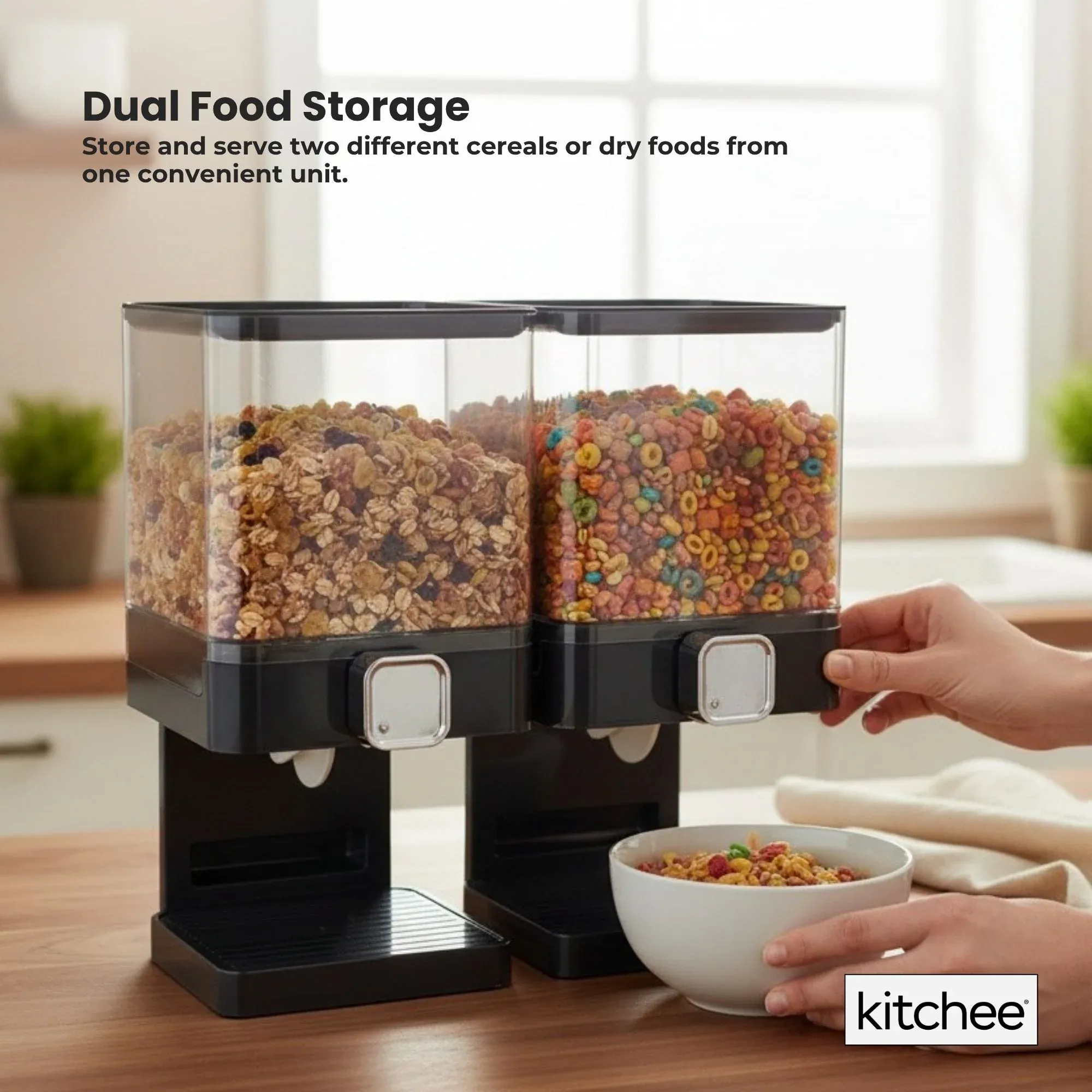 Kitchee 3.7L Double Cereal Dispenser Countertop Rice or Grain Storage Black — image 3