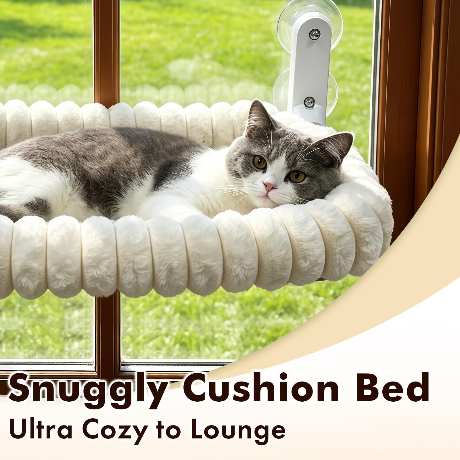 XL Cat Window Perch with 4 Heavy-Duty Suction Cups, Solid Metal Frame, Removable Striped Plush Bed, No Drill Window Mount Cat Hammock for Indoor Large Cats โ image 5