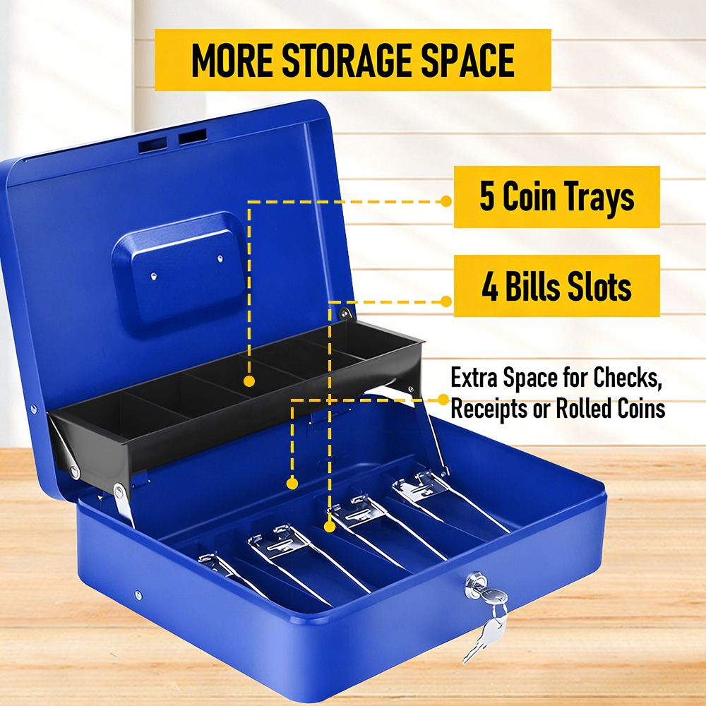 Lockable Metal Cash Box with 2 Keys, 4 Bill & 5 Coin Tray, Security Money Box with Anti-Loss Rope — image 5