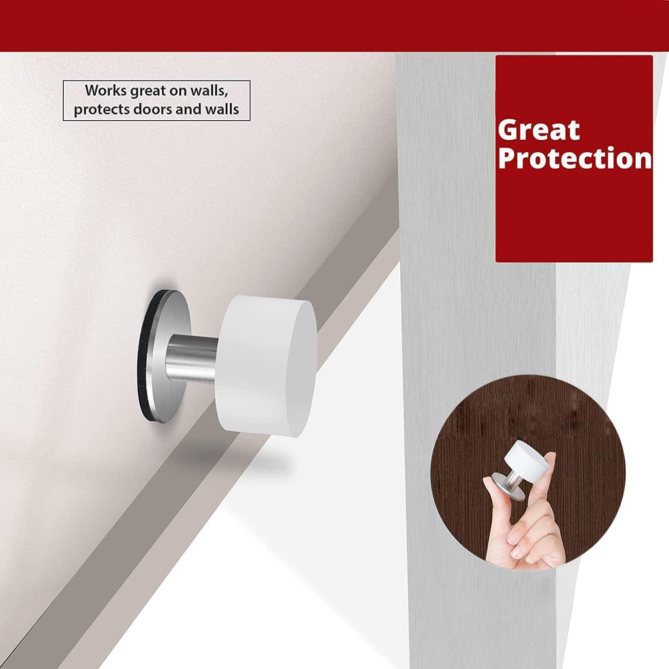 Door Stoppers with Extra Stickers, Self-Adhesive Door Stop with White Rubber & Stainless Steel Body - Sound Dampening Door Bumpers for Home & Office, Door — image 2