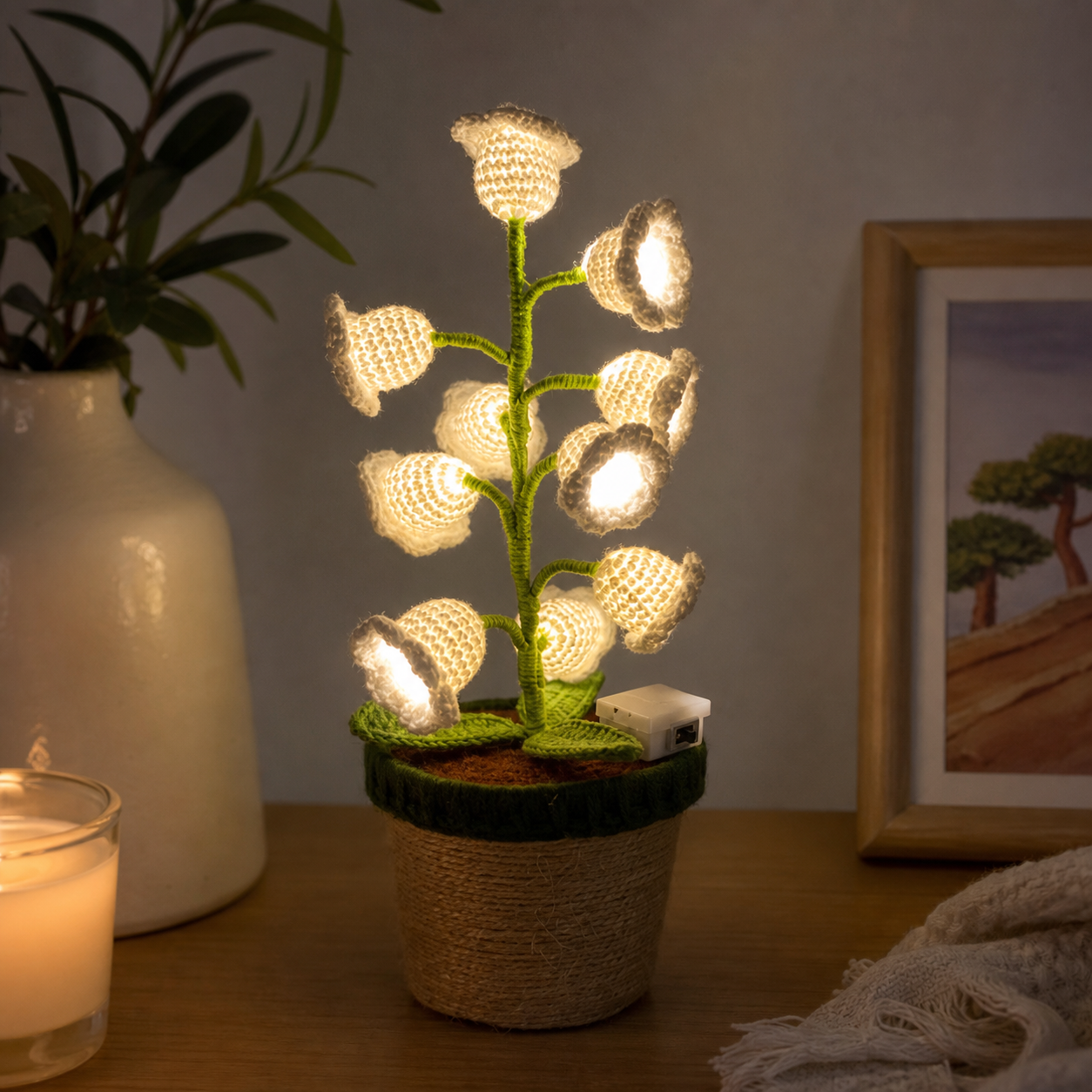 Yellow Crochet Single Lily of the Valley Night Light - Handmade Cotton Yarn LED Potted Flower White Lamp, 3 Brightness Adjustment, Battery Operated Desk Decor โ image 4