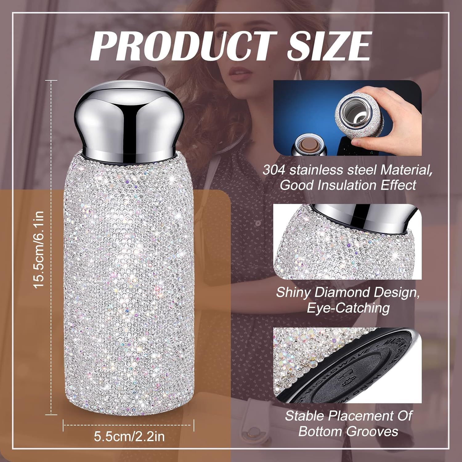White Handmade Luxury Diamond Insulated Water Bottle – Bling Rhinestone 304 Stainless Steel Pocket Mug (260ml) — image 2
