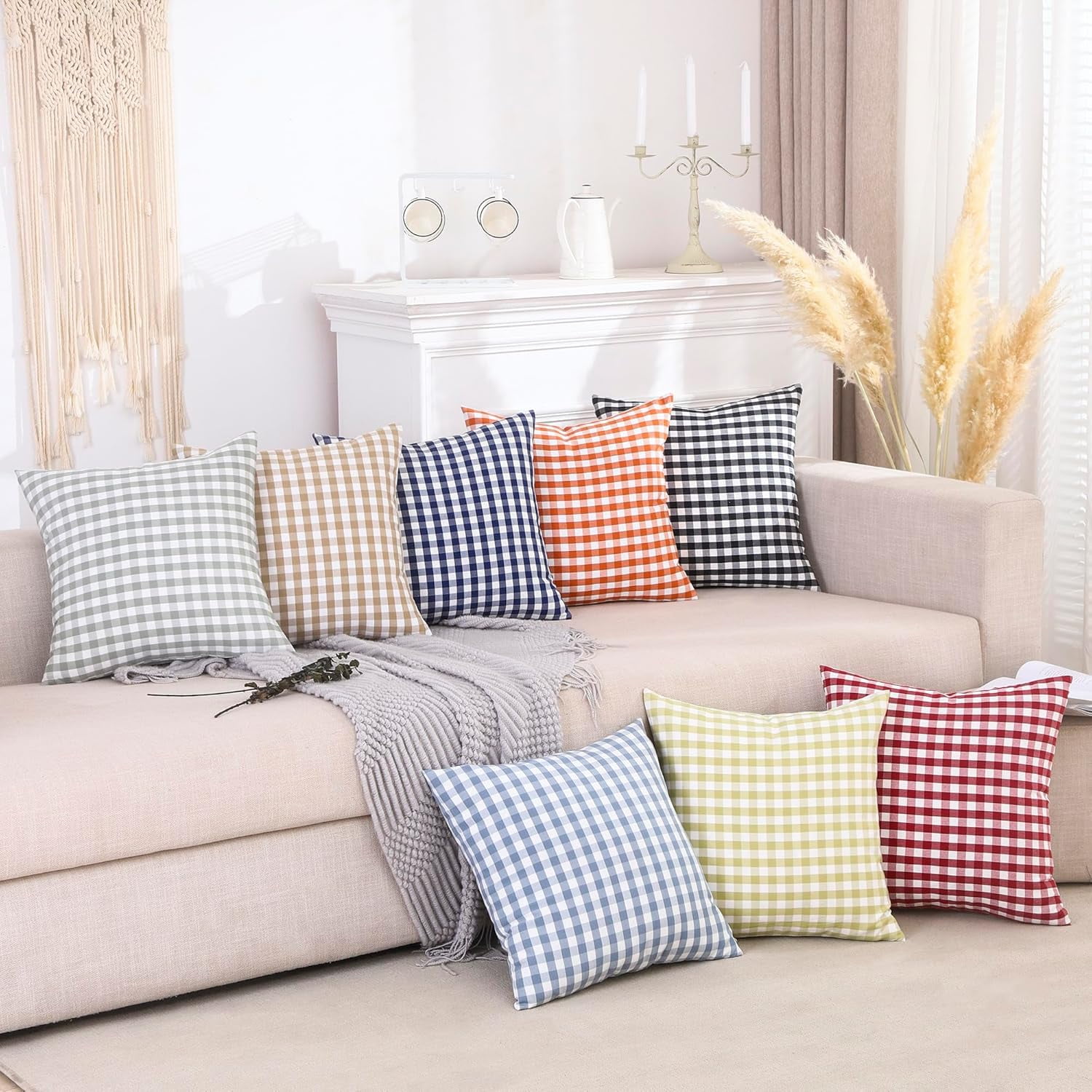 Light Blue Farmhouse Buffalo Plaid Pillow Covers 18x18 Set of 2 Patio Outdoor Decor Neutral Checkered Pillow Covers 18 x 18, Blue and White Gingham Plaid — image 6