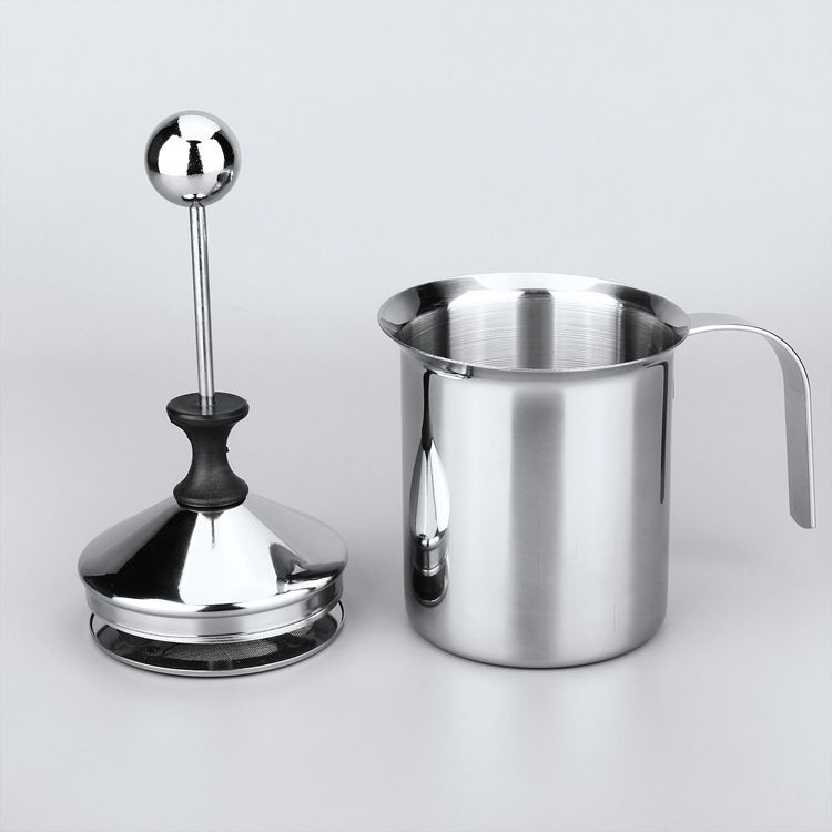 400ML 304 Stainless Steel Manual Milk Frother, Double Mesh Strainer Hand Pump Frothing Pitcher — image 2