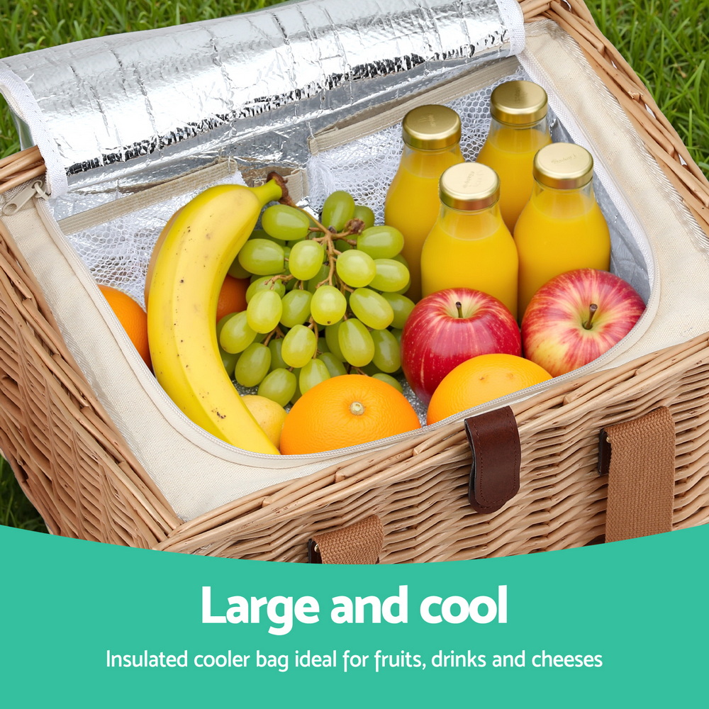 Alfresco 4 Person Picnic Basket Set with Table Blanket Cooler Wooden Insulated — image 5