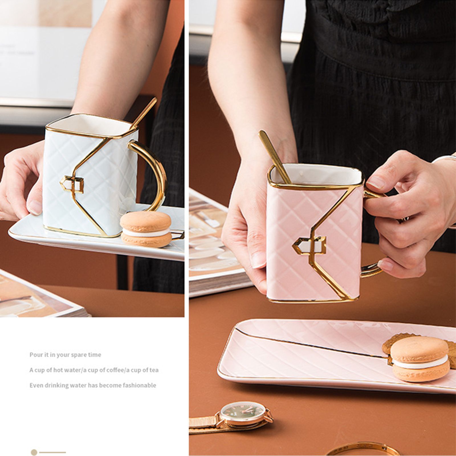 310ML Handbag Shaped Cup With Dish Spoon Ceramic Stylish Coffee Mug White โ image 6