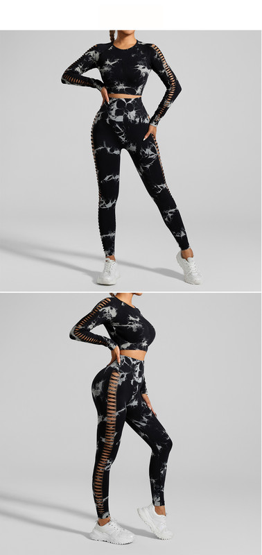 Black and Grey Tie-Dye Size M Tie-Dye Yoga Set Long Sleeve Butt Lift Leggings Seamless Workout Training Gym Clothes โ image 3
