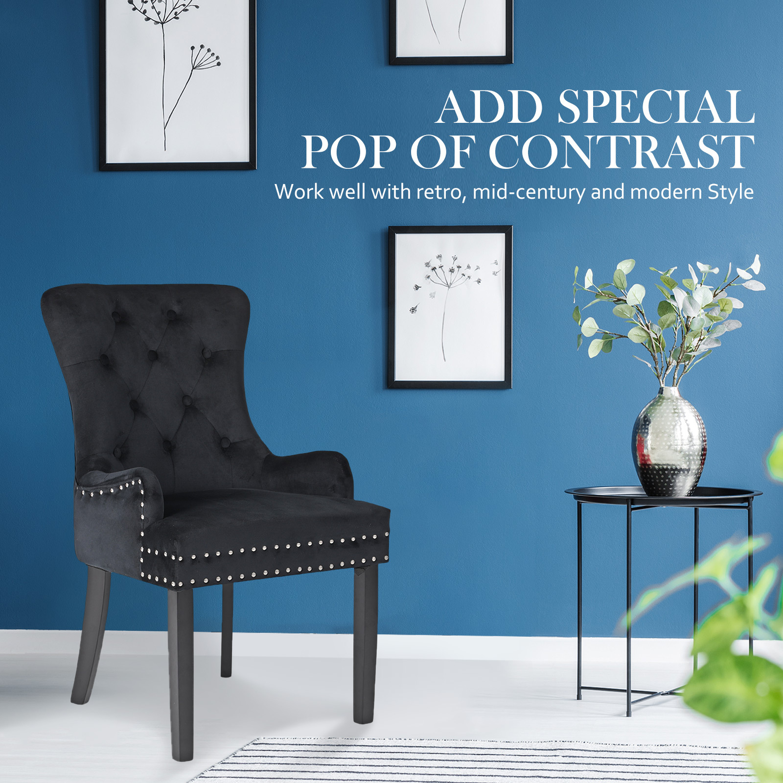 French Provincial Dining Chair Ring Studded Velvet Rubberwood Leg LISSE BLACK โ image 3