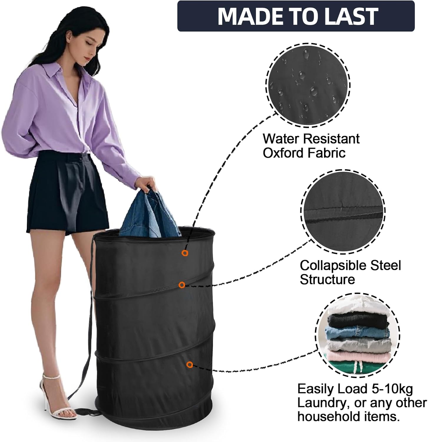 Extra Large 107L Strong Laundry Hamper 17.5" x 27" Collapsible Laundry Baskets with Long Straps Drawstring Barrel Foldable Hamper for Laundry Room, Bathroom โ image 4