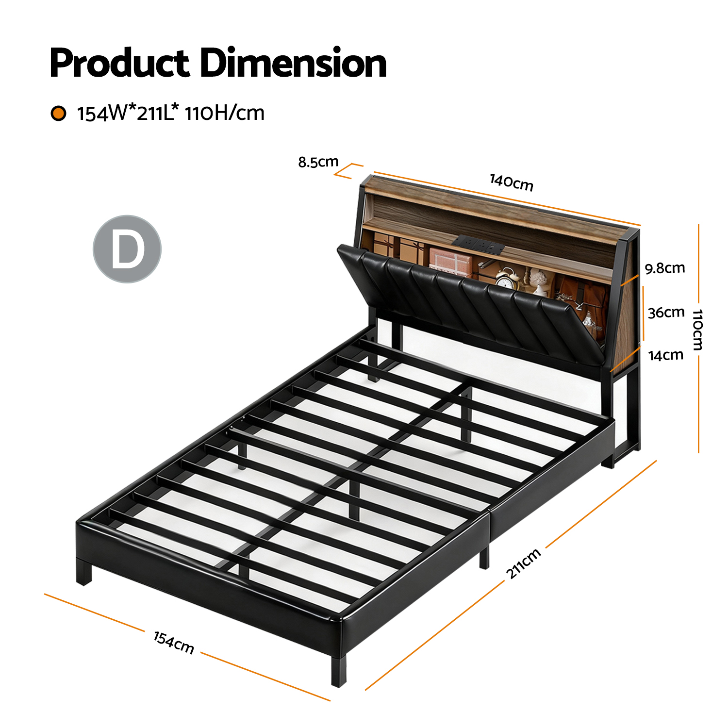 Artiss Double Bed Frame LED Storage Headboard with Charging Station Black โ image 2