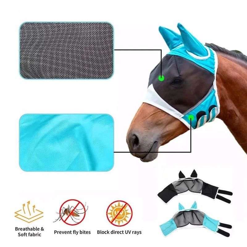 Breathable Horse Face Mask - Mosquito, Insect, and Fly Protection - Equestrian and Race Horse Head Cover - Blue - L — image 2