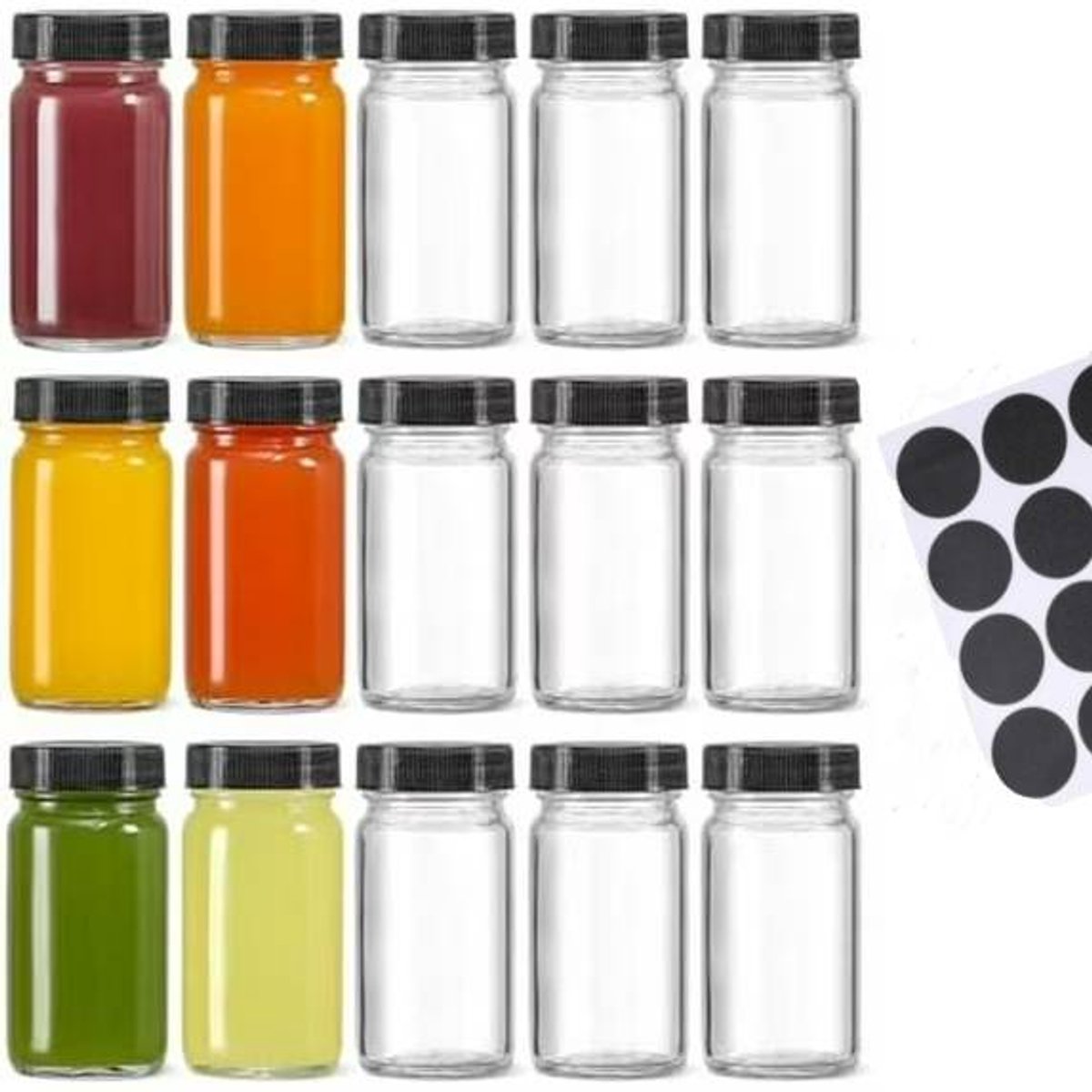 Glass Jars with Lids - 15 x 2 oz Jars - Includes 15 Labels - Clear - Perfect for Ginger Smoothies, Health Drinks, Juices, etc. - Travel Essential