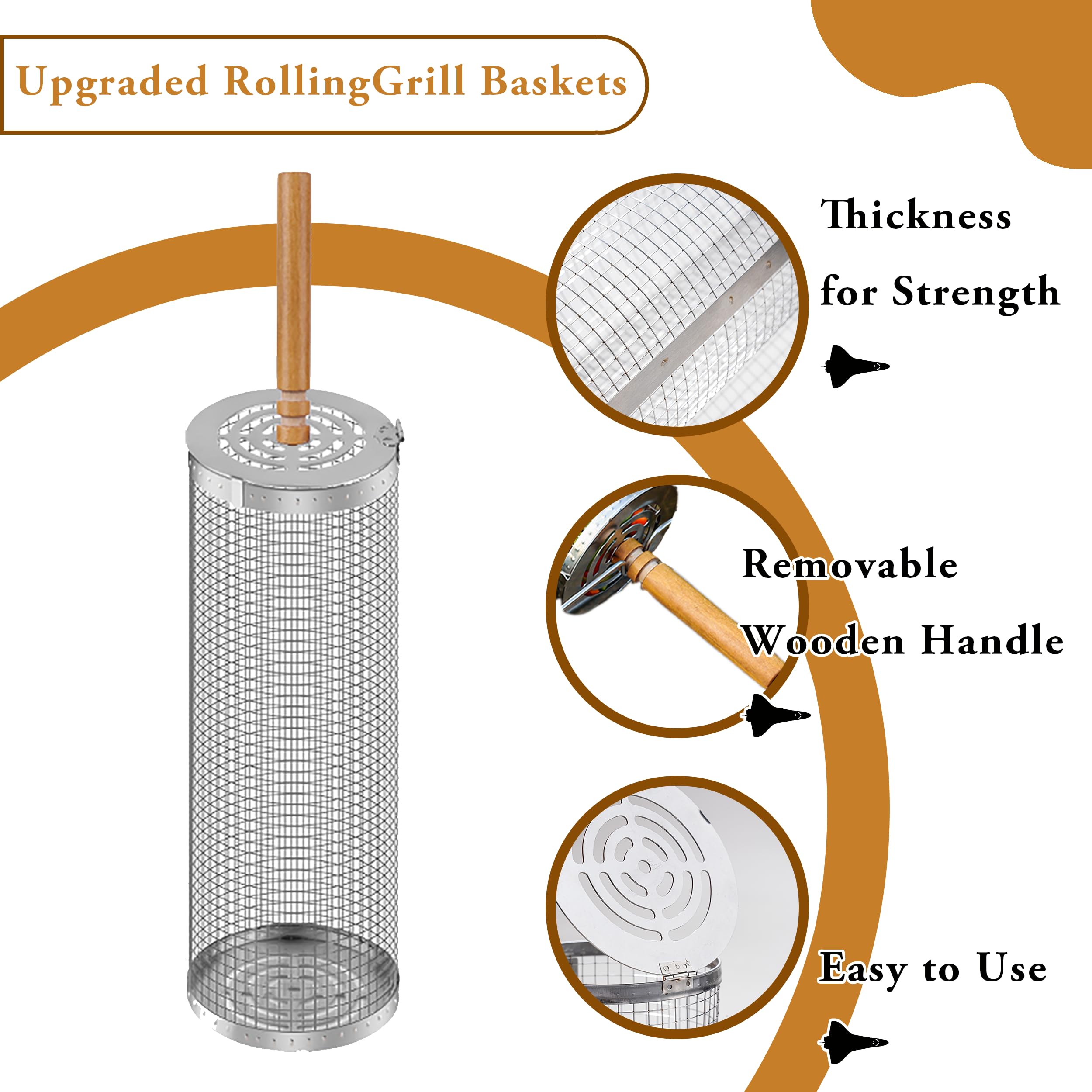 Rolling Grill Basket Set with Removable Wooden Handle – 304 Stainless Steel BBQ Rotating Cage for Meat, Vegetables & Seafood (Grey) — image 5