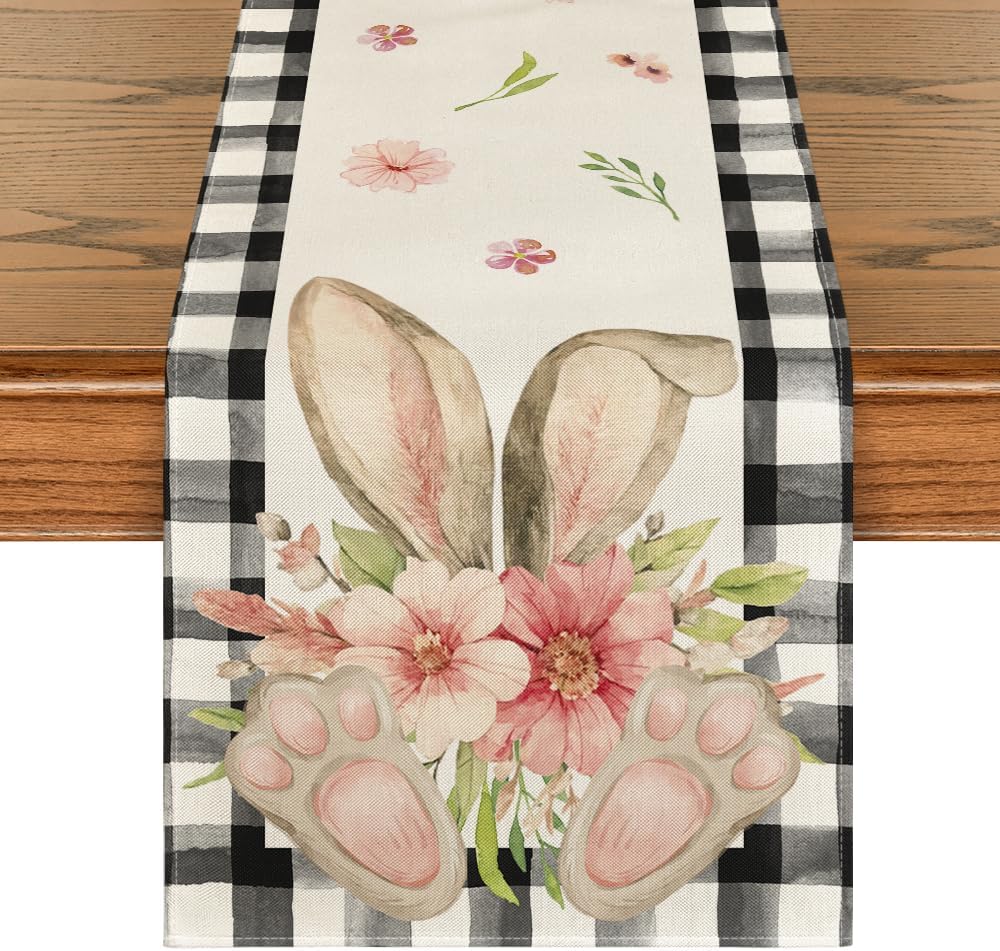 Buffalo Plaid Bunny Ear Foot Flower Easter Table Runner, Seasonal Spring Kitchen Dining Table Decoration for Home Party Decor 13 × 72 Inch