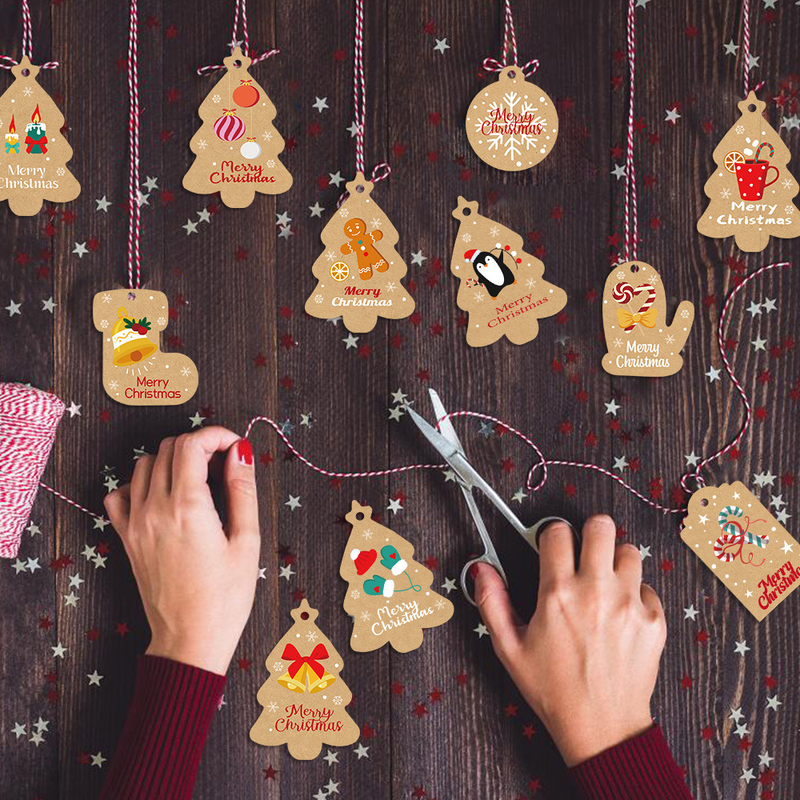 50Pcs Christmas Kraft Gift Tags with Jute Twine, Assorted Merry Christmas Paper Hang Tags, Xmas Tree Shape Label Tags for Gift Wrapping, Christmas Tree โ image 3