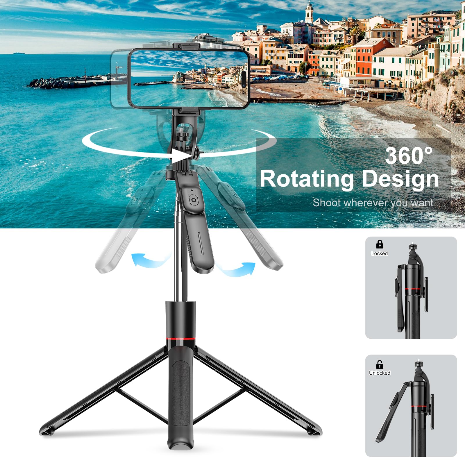 Bluetooth Selfie Stick Tripod with Remote Control and Extendable Phone Holder for Photos, Video Calls and Vlogging, 7.6 cm, Black — image 4