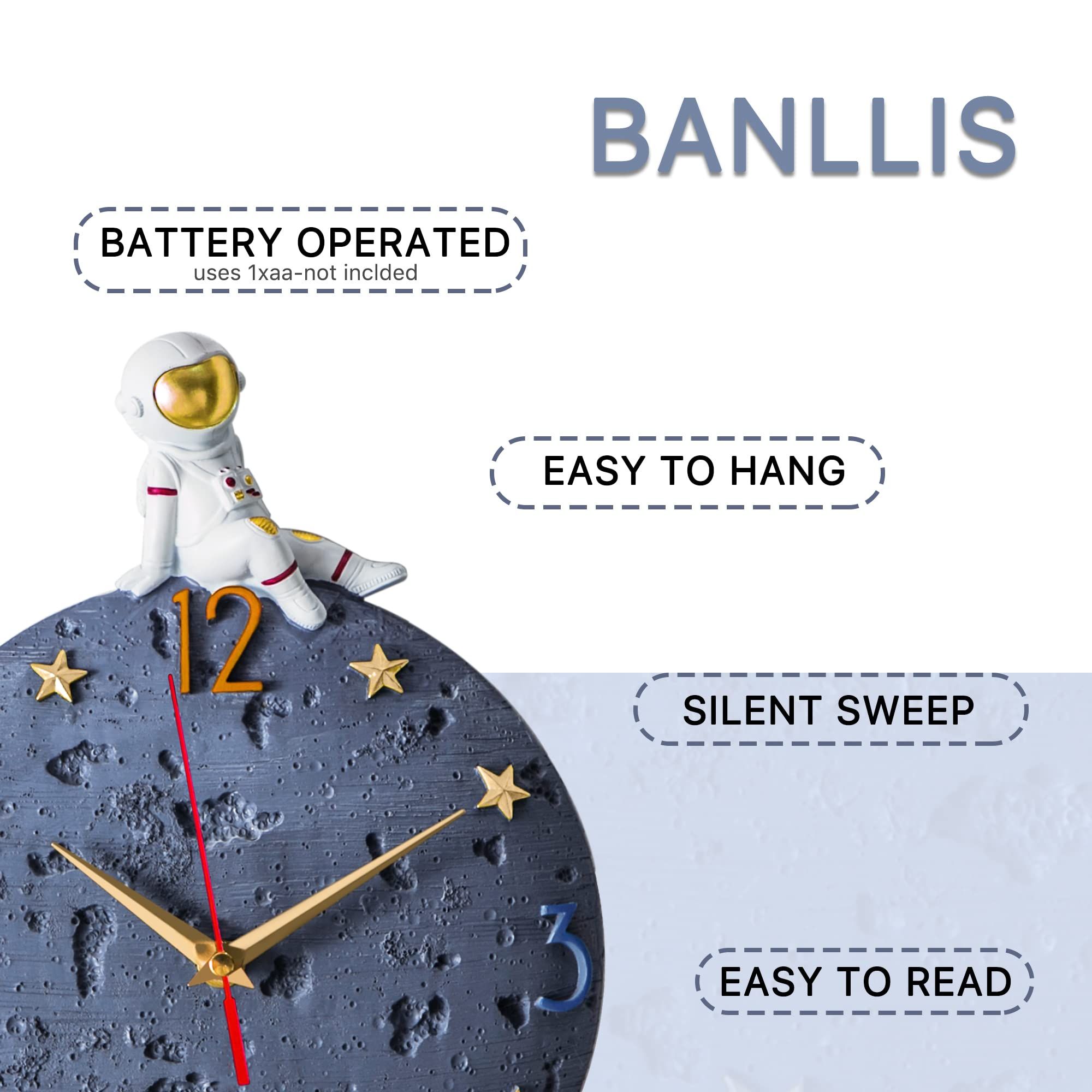 Space Theme Wall Clock, Astronaut Moon Wall Clock, 12 Inch Grey Modern Silent Clock for Kids Room Nursery Living Room Bedroom