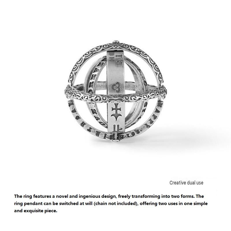 Silvery US 11 Transformable Astronomical Sphere Ring - Alloy - 2-in-1 Ring and Pendant Design, Rotating Globe Structure, Retro Cosmic Style, Unisex Fashion — image 5
