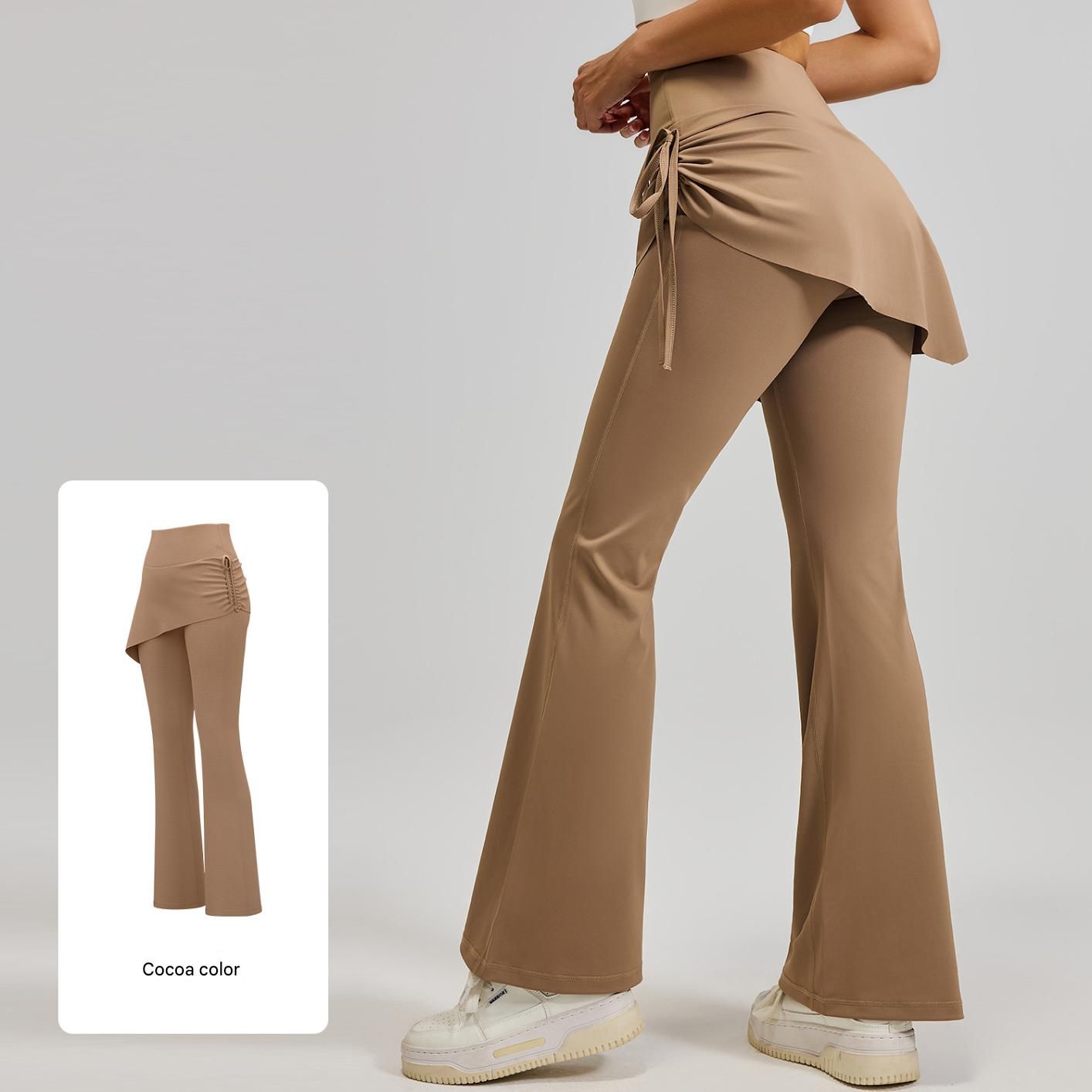 Women's High Waist Skirted Flare Yoga Pants with Adjustable Ruched Drawstring (S size)-Light brown Faux Two Piece Bootcut Leggings for Pilates, Gym โ image 5
